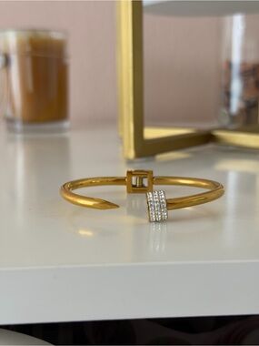 Gold Tone Rhinestone Nail Bangle – Hinged Cuff Wrap Bracelet